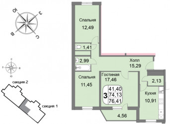 Трёхкомнатная квартира 76.41 м²