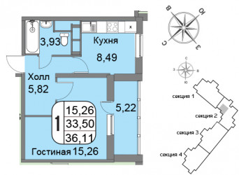 Однокомнатная квартира 36.11 м²