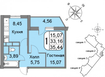 Однокомнатная квартира 35.44 м²