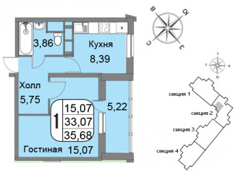 Однокомнатная квартира 35.68 м²